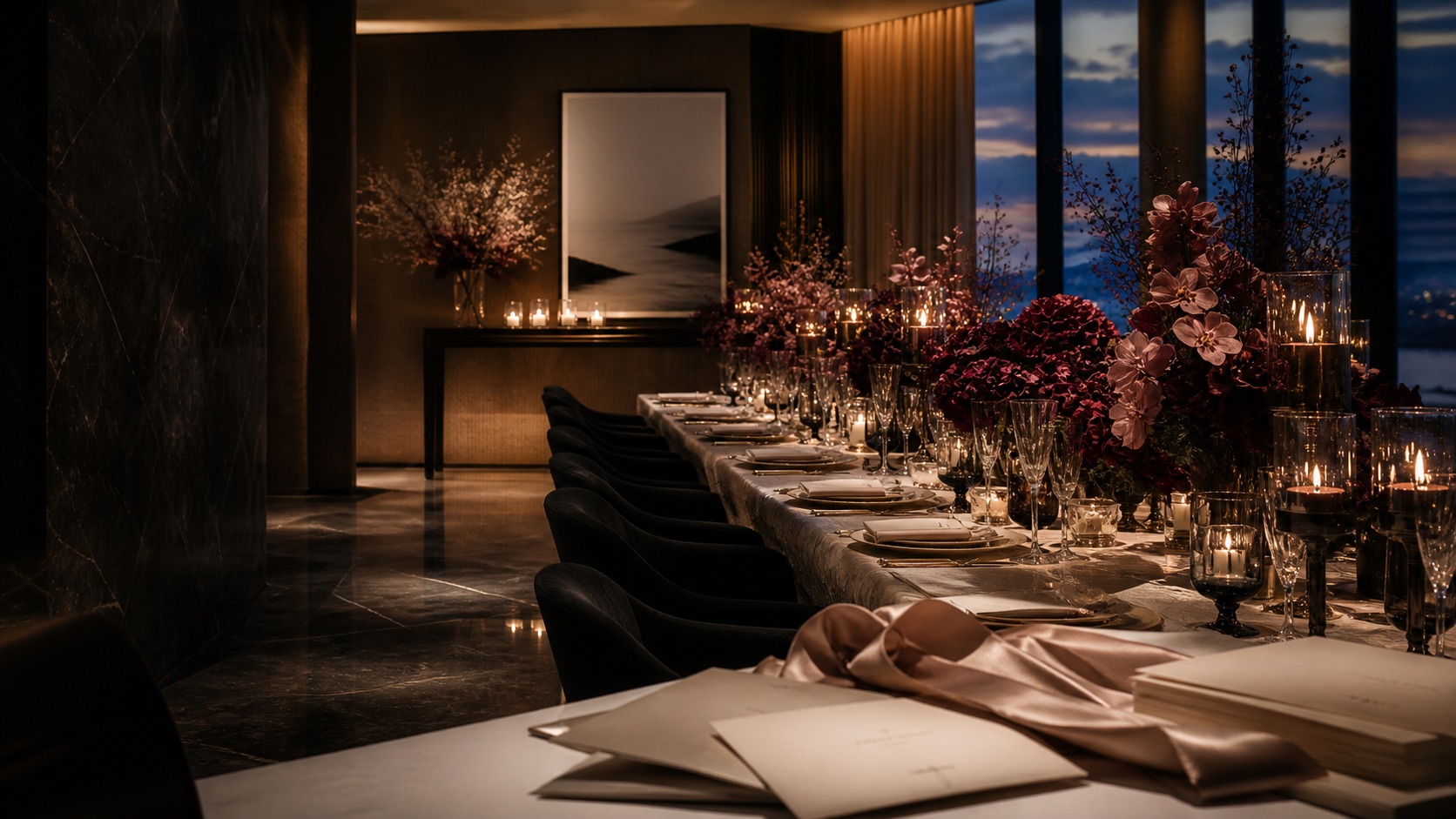 Editorial black-tie tablescape and floral installation
